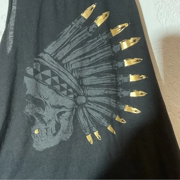 Social Misfits Indian Skull with Gold Tooth Fringe Split Back Tank Top Size Med - Picture 2 of 9